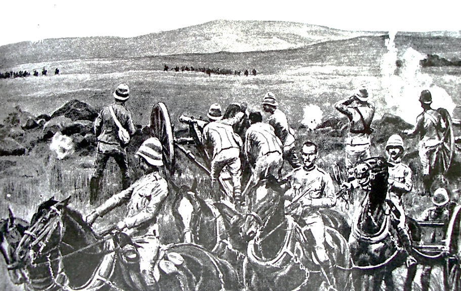 Lines of infantry advance against the concealed Boer positions on